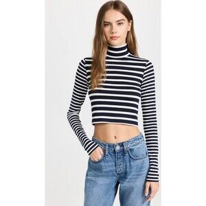 Rag & Bone womens Navy & White Stripe Mock Neck Cropped Sweater size Large $195
